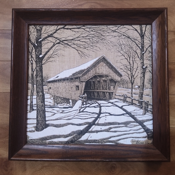 VTG KAYDEE Pure Linen Hand Painted Framed Signed Warren Boucher Bridge Picture - Picture 1 of 6